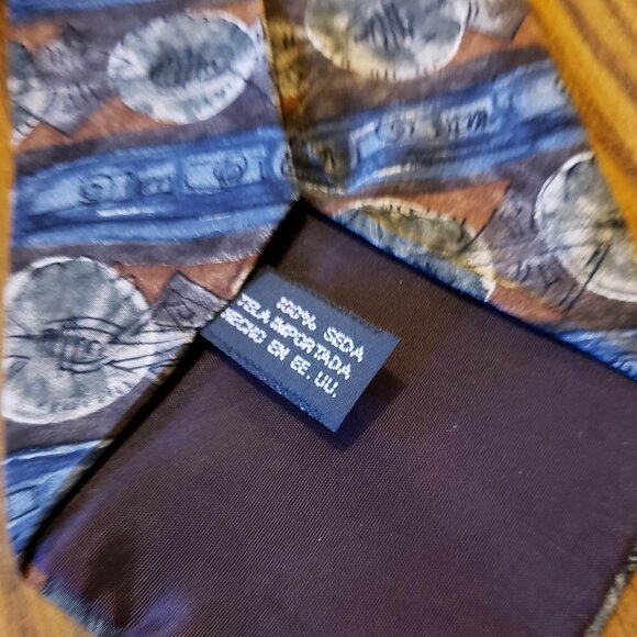 Conte Di Milano Blue, Brown & Beige Striped Geometric Silk Designer Tie - Picture 4 of 4